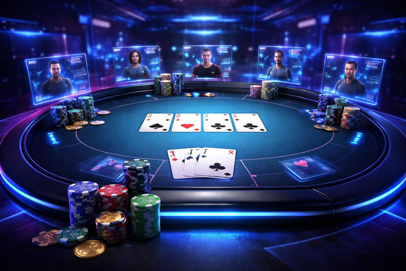 Meja poker virtual dengan kartu dan chip, dikelilingi antarmuka digital dan avatar pemain dalam suasana permainan poker online.