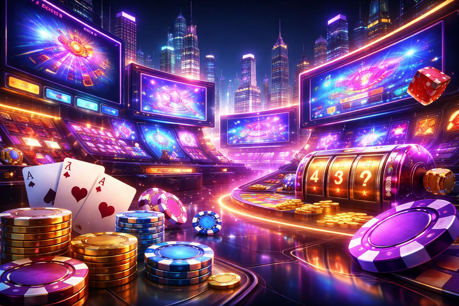 Pemandangan ruang kasino digital futuristik dengan lampu neon dan elemen permainan judi seperti kartu dan dadu yang mengambang.
