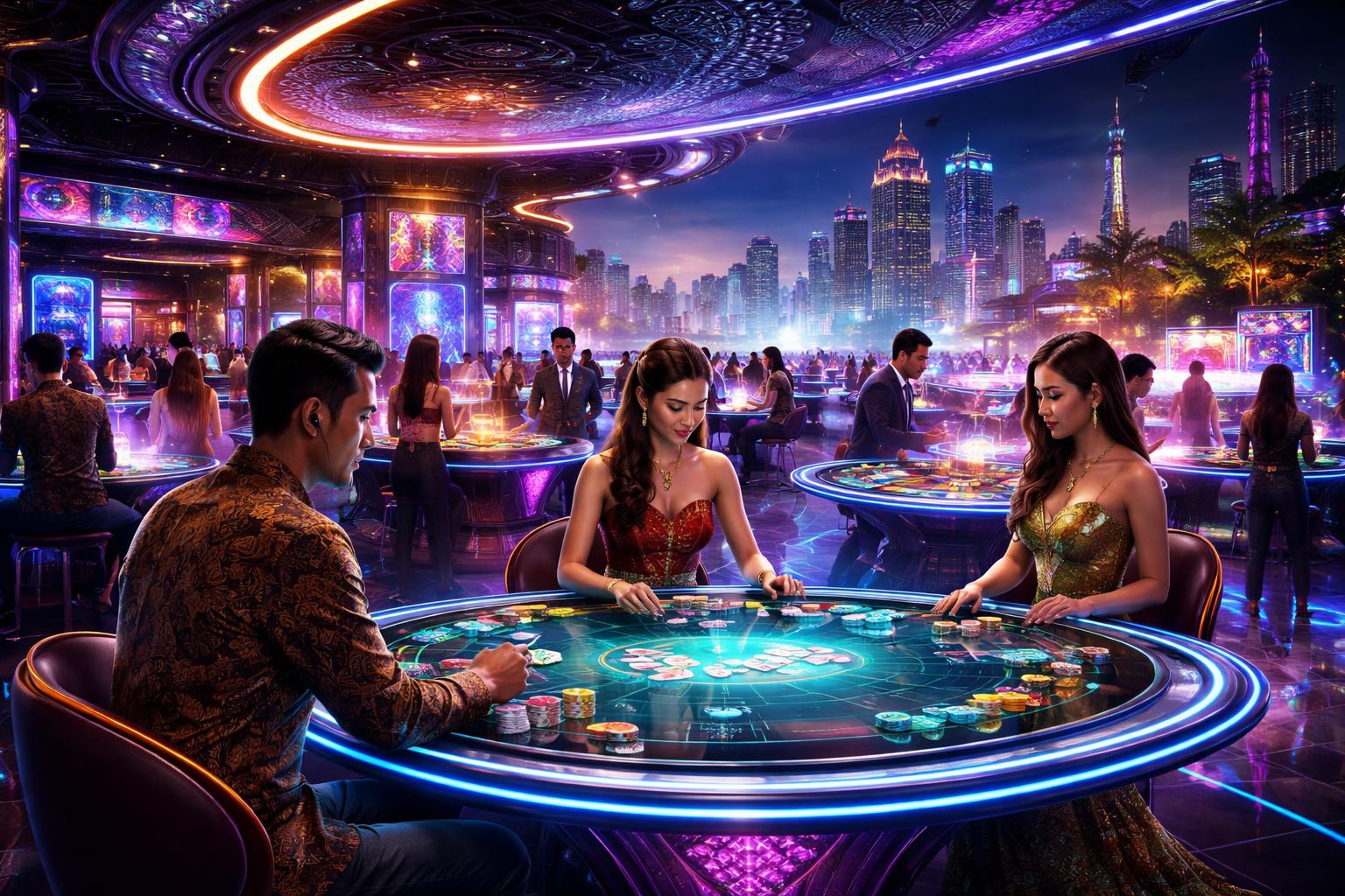 Pemandangan sebuah kasino virtual futuristik dengan meja permainan holografik dan mesin slot digital di latar kota Indonesia modern pada malam hari.