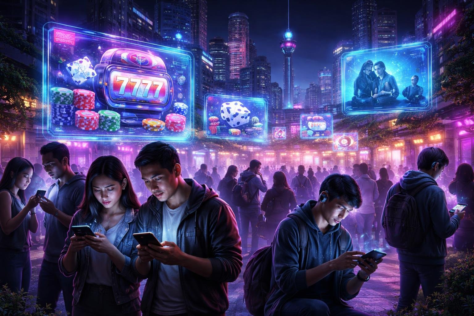 Pemandangan kota futuristik dengan orang-orang menggunakan perangkat digital yang menunjukkan aktivitas judi online dan dampak sosialnya.