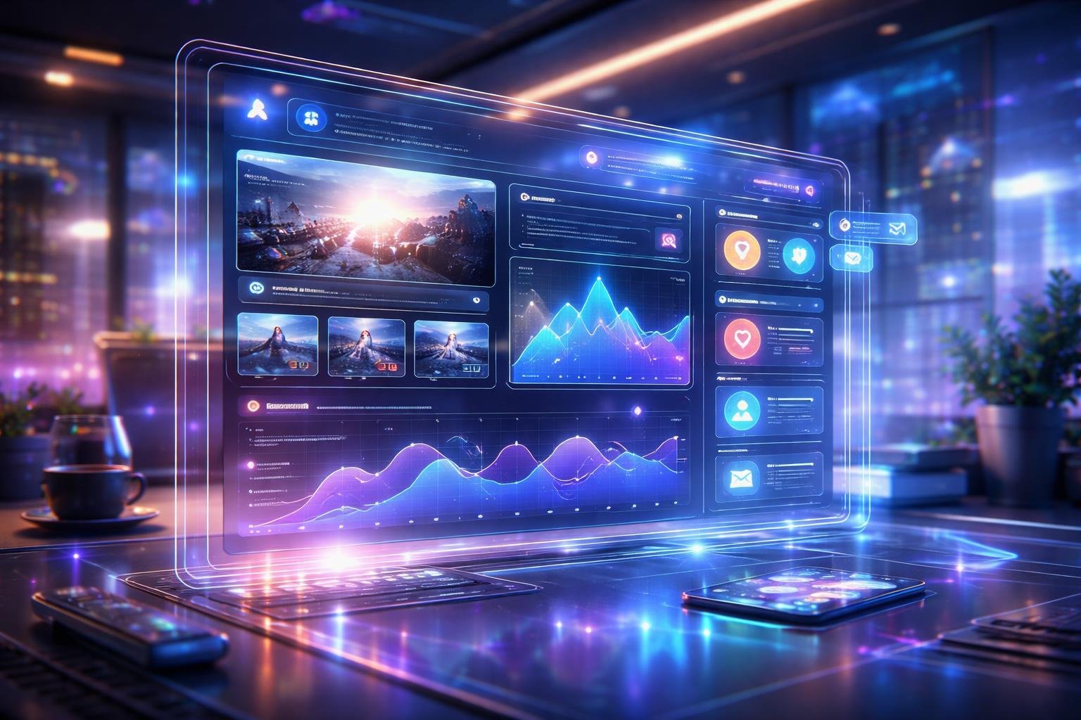 Tampilan antarmuka blog futuristik dengan layar holografik mengambang di ruang kerja modern berteknologi tinggi.