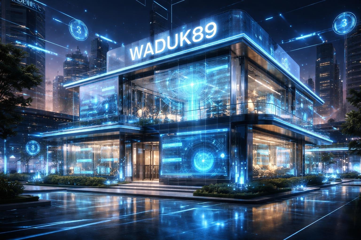 Sebuah pusat informasi digital futuristik dengan bangunan modern dan layar holografik yang menampilkan data dinamis di lingkungan kota berteknologi tinggi.