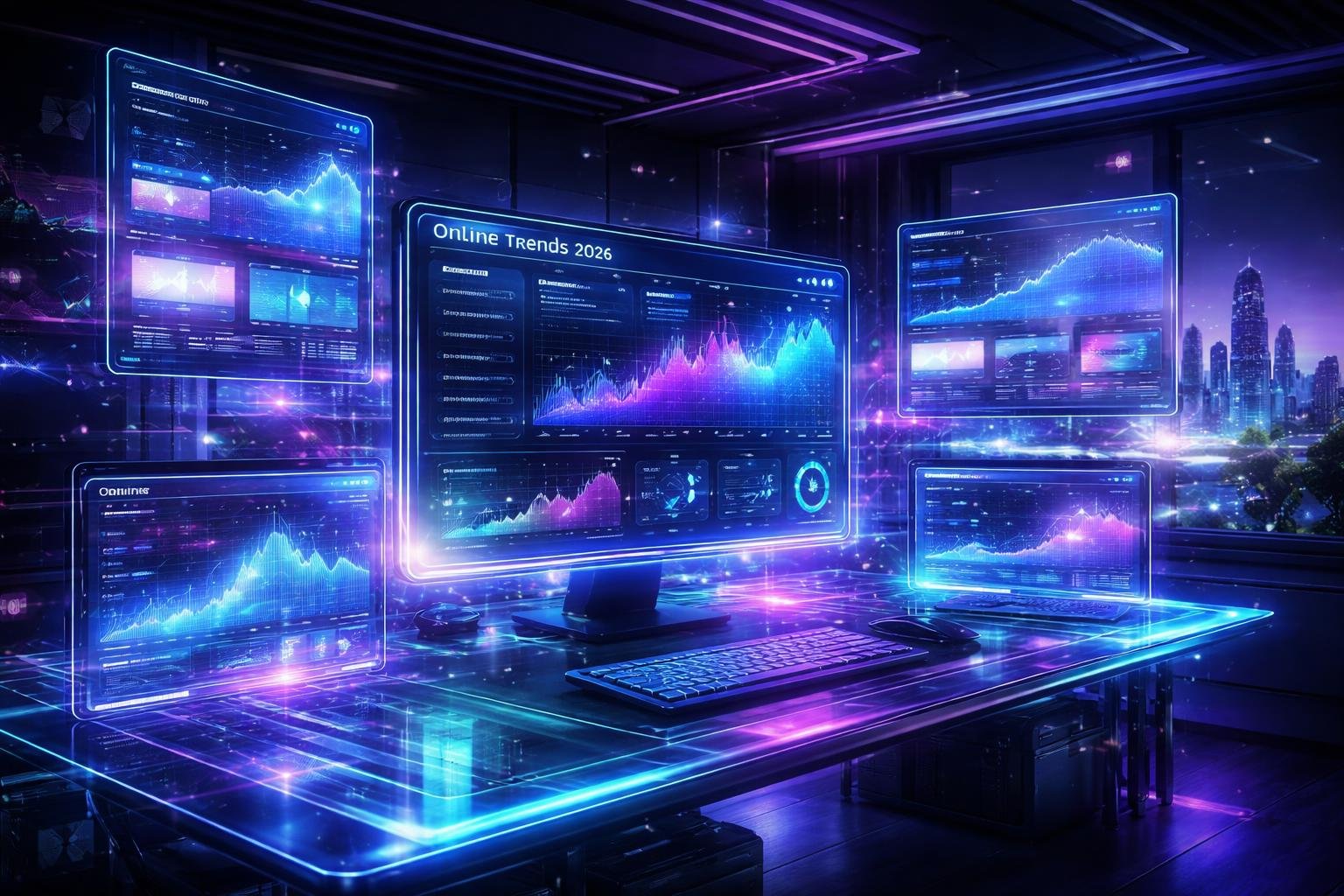 Ruang kerja digital futuristik dengan layar holografik dan elemen digital yang melayang, menampilkan data dan antarmuka situs web.