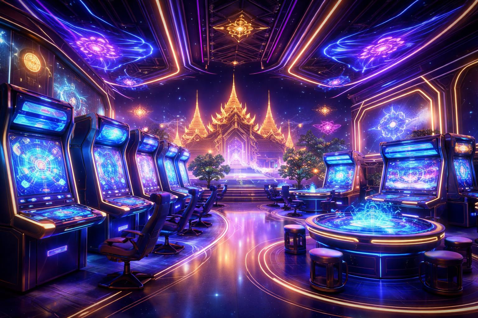 Sebuah ruangan permainan futuristik dengan lampu neon dan mesin game modern, menampilkan elemen budaya Thailand di latar belakang.