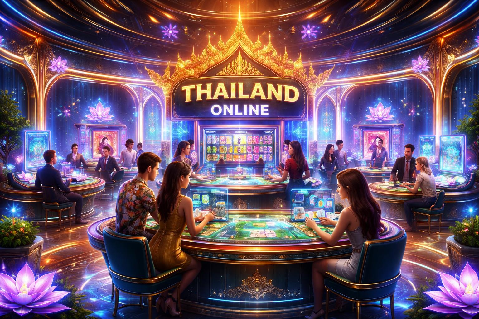 Suasana ruang permainan online dengan tema Thailand yang menampilkan berbagai mesin permainan dan dekorasi bertema budaya Thailand.