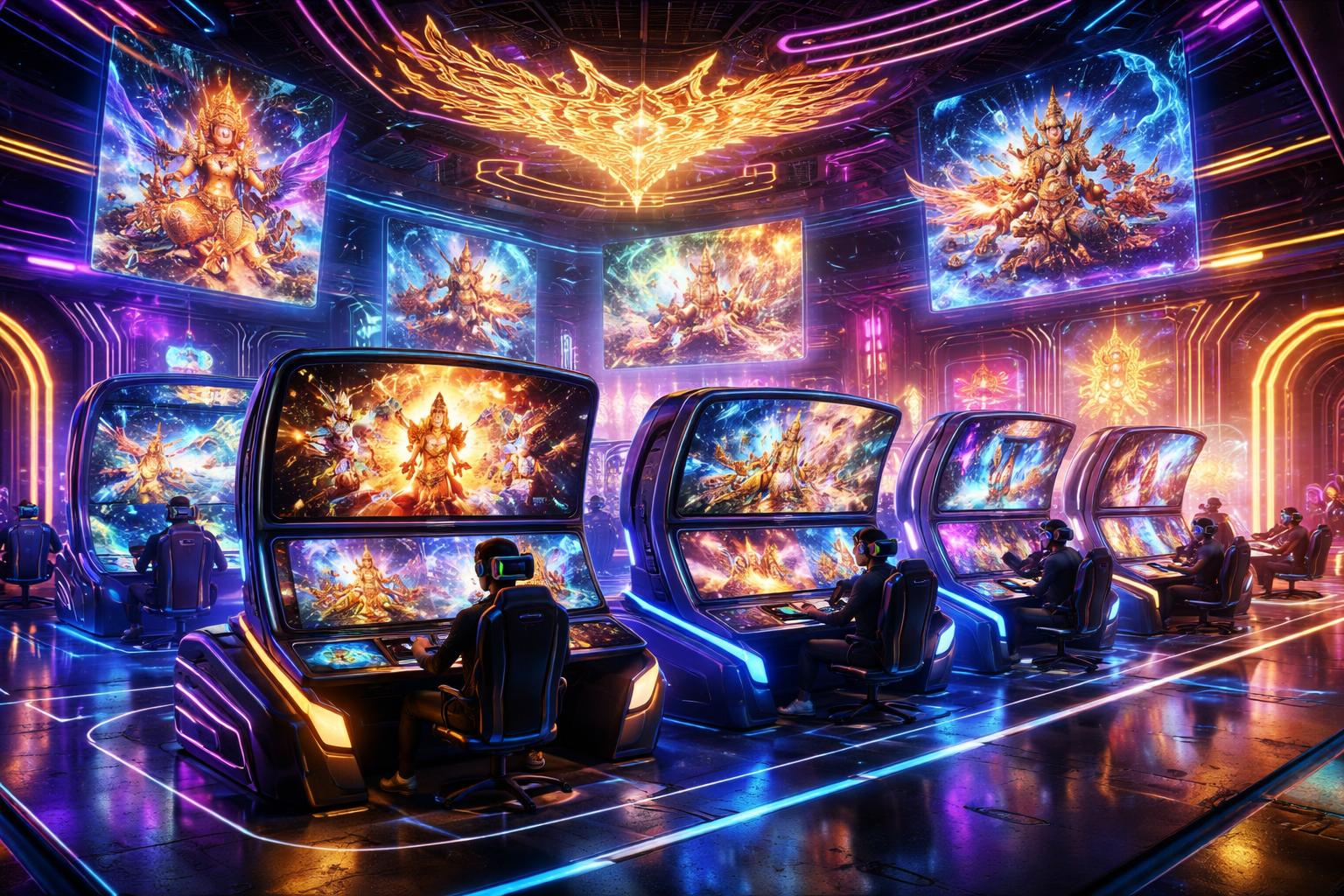 Suasana ruang permainan futuristik dengan berbagai konsol dan layar holografik menampilkan karakter dan adegan permainan bertema budaya Thailand.