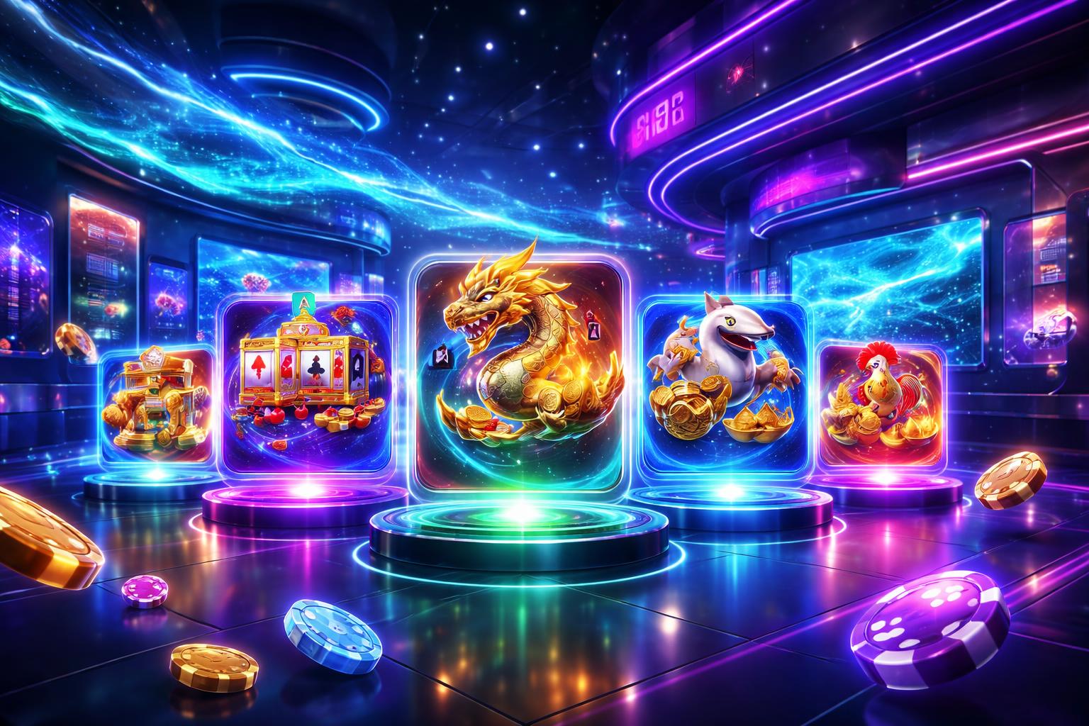 Pemandangan ruang permainan digital futuristik dengan antarmuka game holografik dan elemen air abstrak yang mengalir di latar belakang.