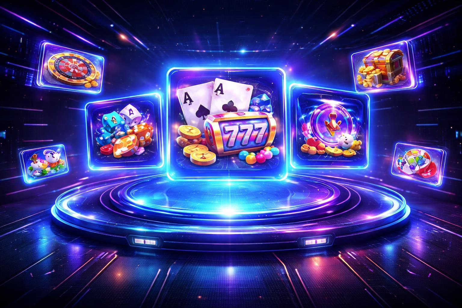 Tampilan antarmuka platform game online dengan ikon permainan holografik yang berwarna-warni dan latar belakang digital futuristik.