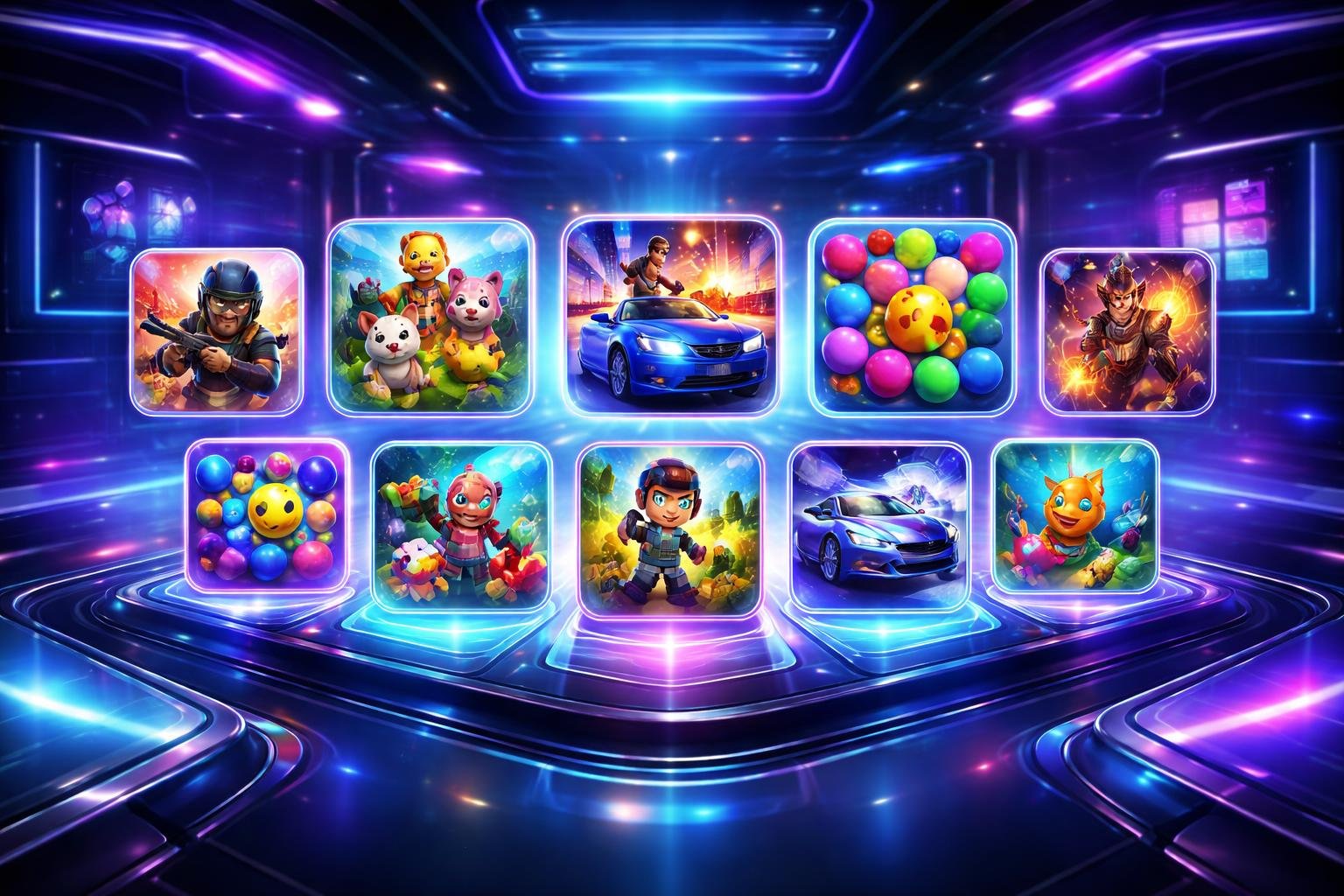 Tampilan antarmuka platform game online dengan ikon berbagai permainan populer dan asli dalam lingkungan digital futuristik yang berwarna-warni dan dinamis.