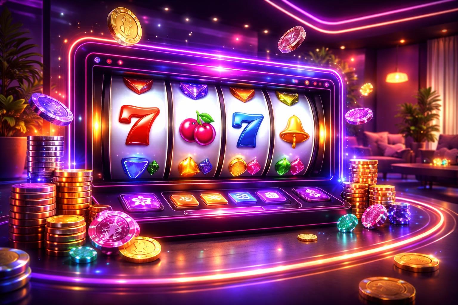 Tampilan antarmuka kasino online dengan mesin slot berwarna-warni yang berputar di dalam ruangan nyaman dan bergaya.