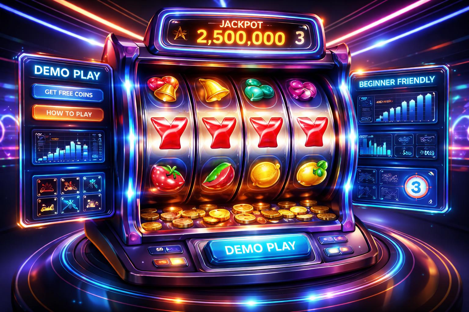 Mesin slot digital futuristik dengan layar holografik di dalam kasino modern yang terang dan berwarna-warni.