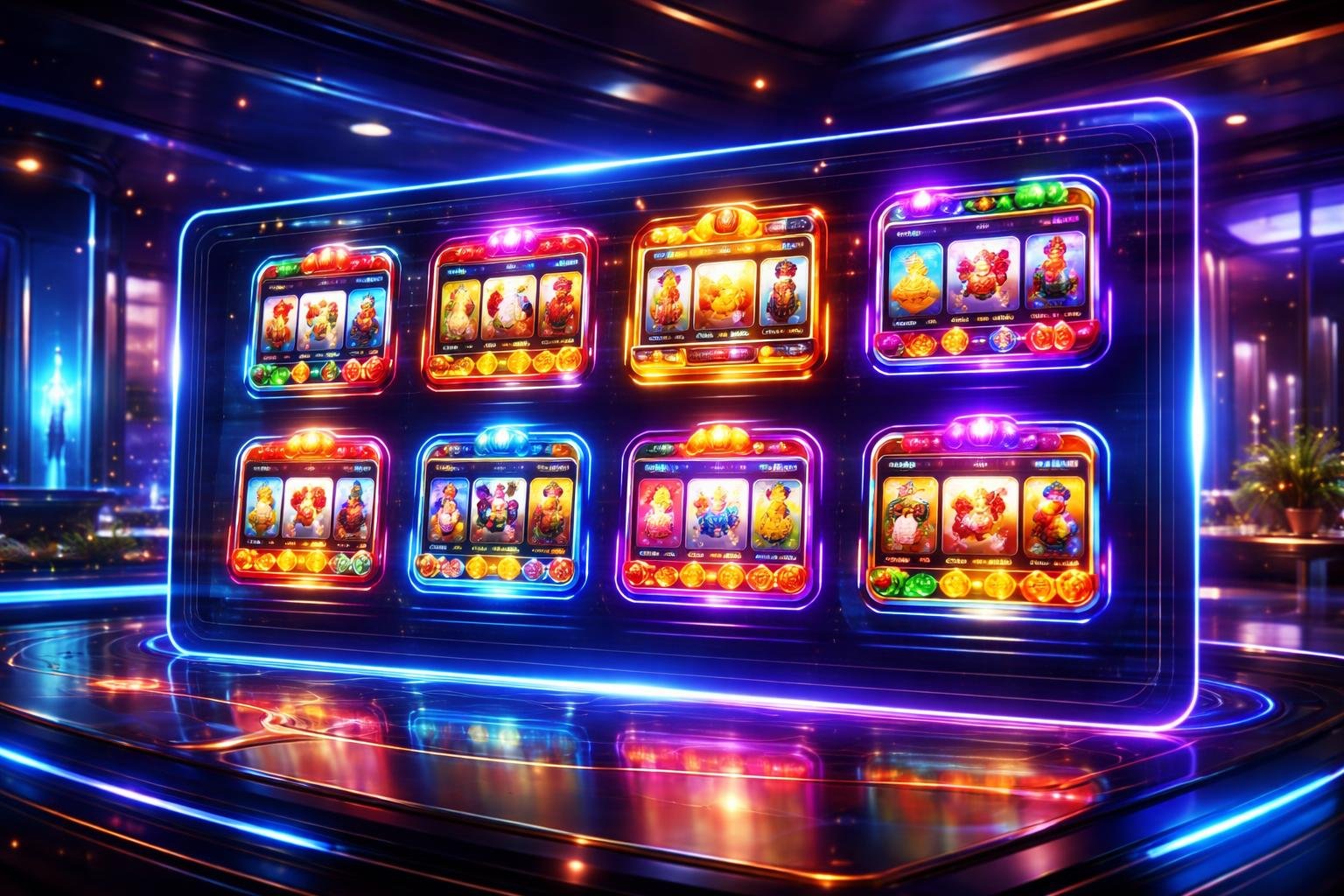 Tampilan antarmuka kasino online dengan ikon mesin slot berwarna-warni di layar holografik dalam suasana kasino modern dan mewah.