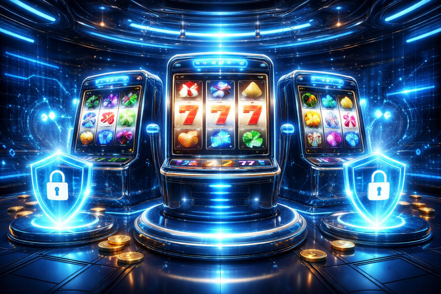 Tampilan 3D dari ruang permainan slot digital dengan mesin slot berwarna-warni dan simbol keamanan yang mengelilinginya.