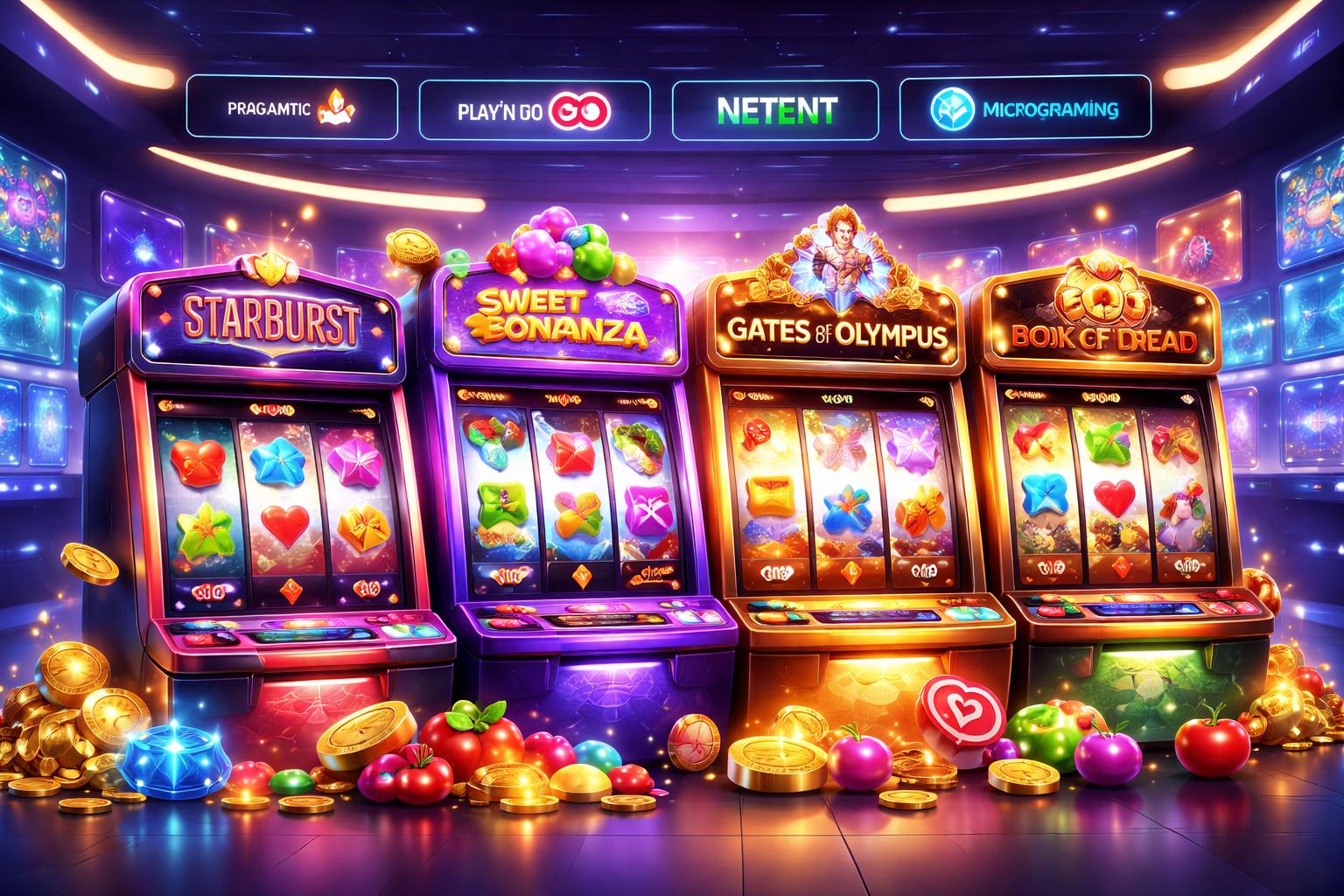 Tampilan 3D mesin slot berwarna-warni dengan latar belakang lobi kasino modern dan layar digital menampilkan logo game dan penyedia terpercaya.