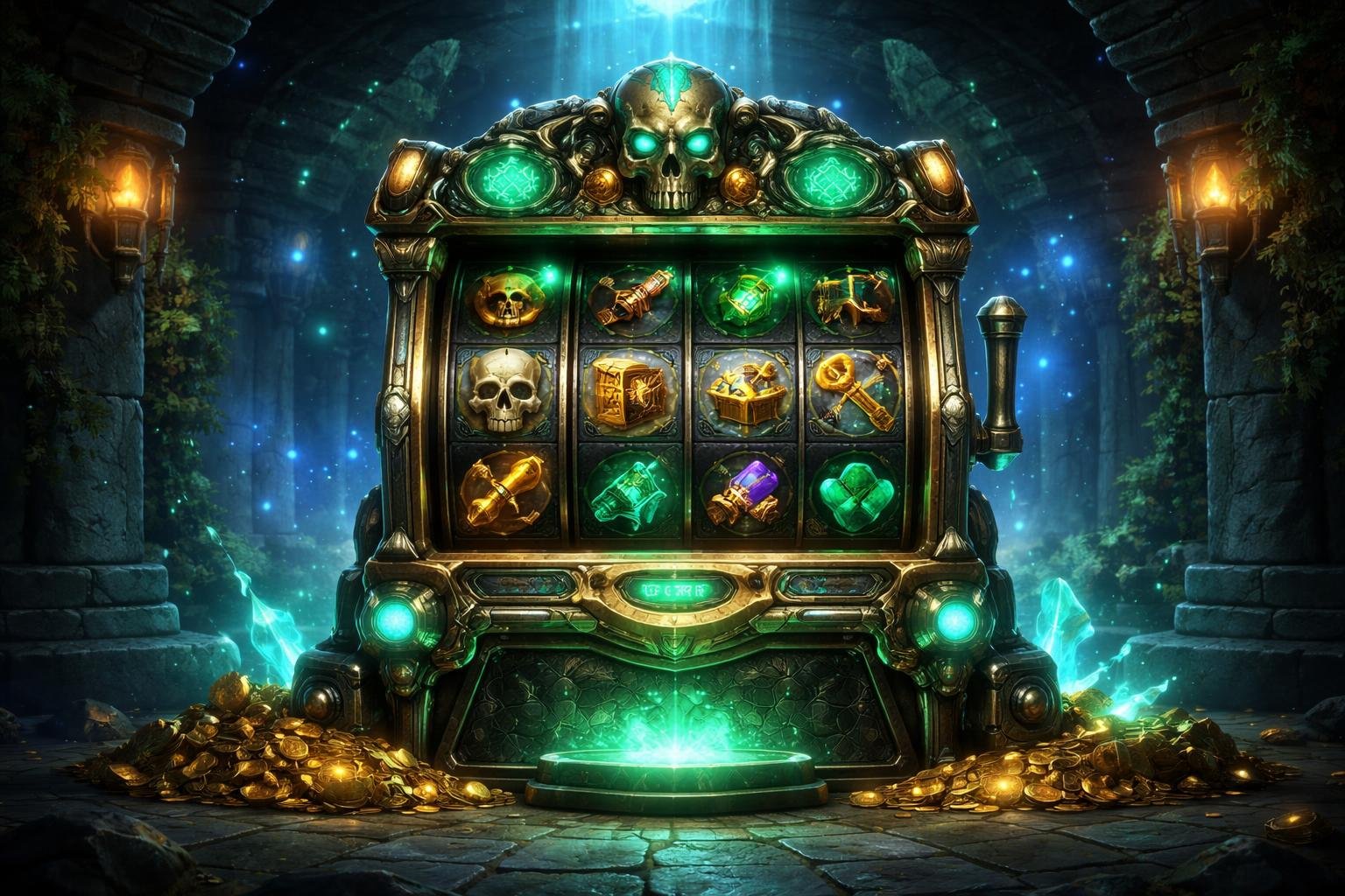 Mesin slot futuristik dengan simbol kuno dan artefak misterius di dalam ruang bawah tanah yang remang-remang dan berlumut.