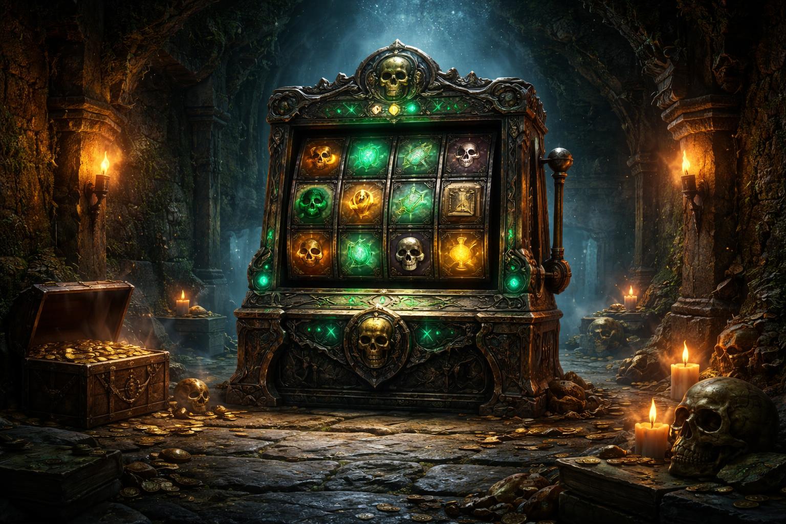 Pemandangan ruang bawah tanah kuno dengan mesin slot bertema kript misterius dan artefak kuno di sekitarnya.