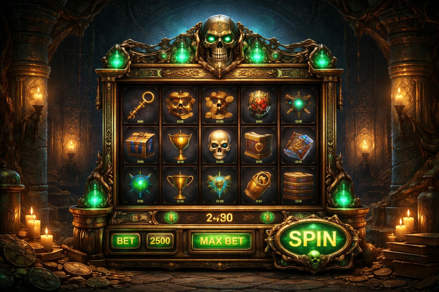 Sebuah mesin slot bertema ruang bawah tanah kuno dengan dinding batu dan simbol misterius, menampilkan gulungan dengan ikon harta karun dan artefak kuno.