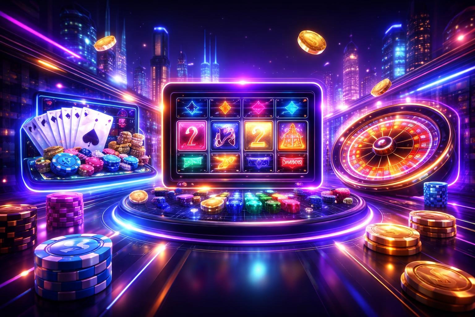 Tampilan antarmuka judi online futuristik dengan layar holografik, mesin slot, dan koin digital yang berkilauan dalam lingkungan kota digital yang modern.