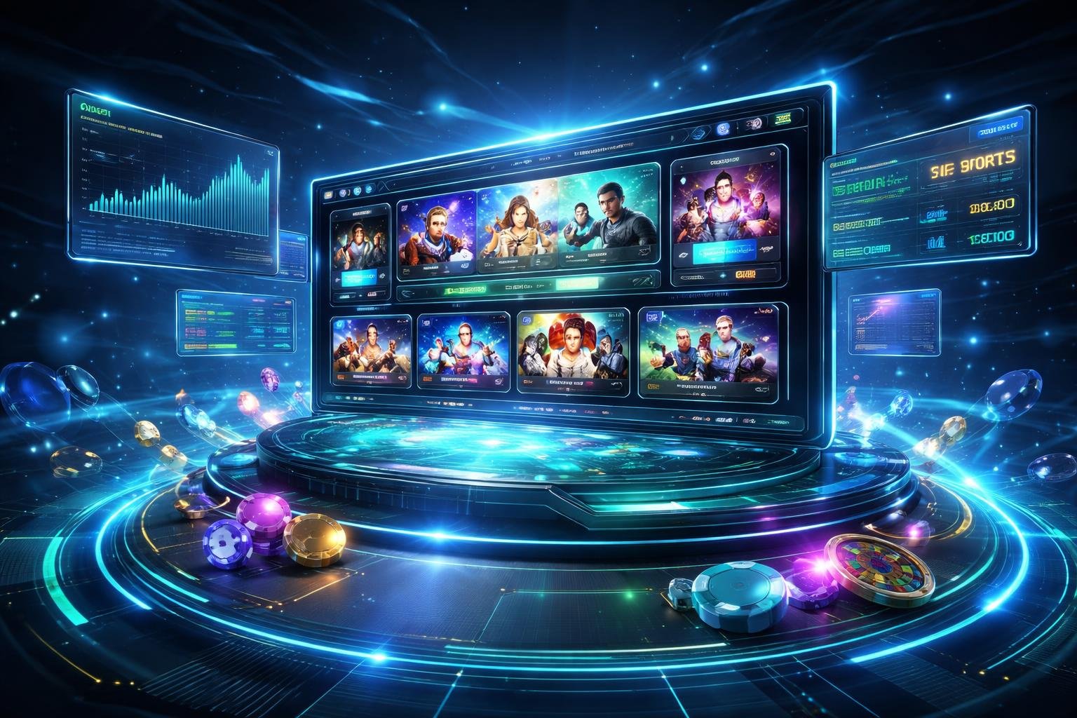 Tampilan 3D dari platform judi online futuristik dengan layar holografik dan efek cahaya neon.