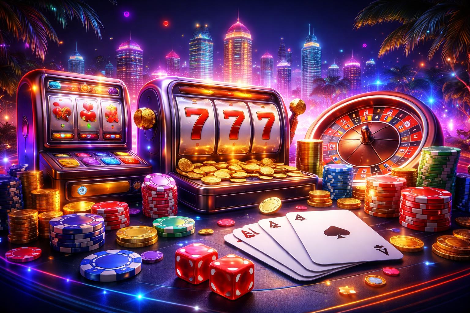 Pemandangan 3D dari berbagai permainan judi online populer di Indonesia dengan mesin slot, kartu remi, dan roda roulette di atas platform virtual yang futuristik, dikelilingi pemandangan kota yang terang benderang.
