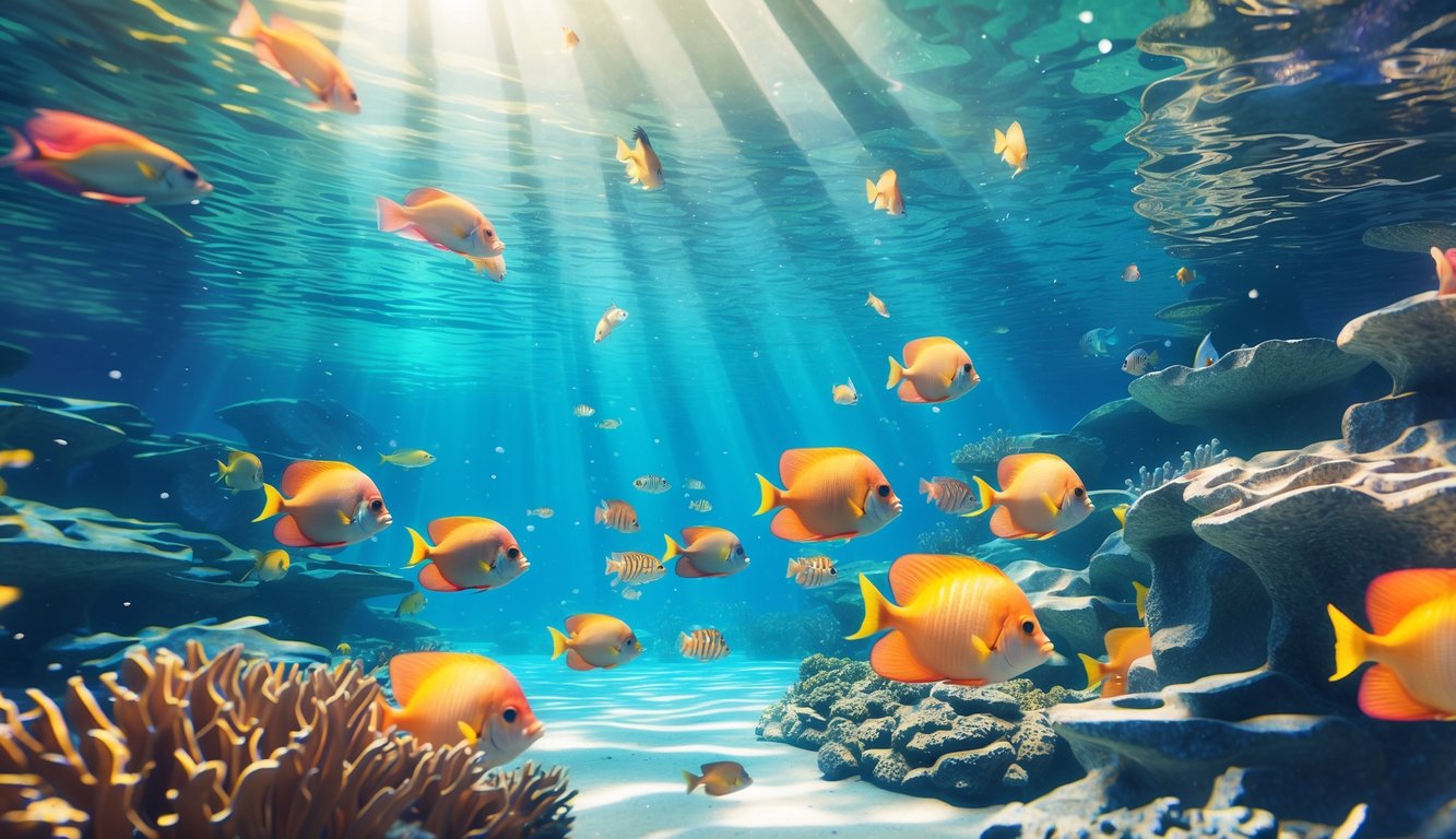 Pemandangan bawah laut dengan ikan tropis berwarna-warni berenang di antara terumbu karang yang detail.