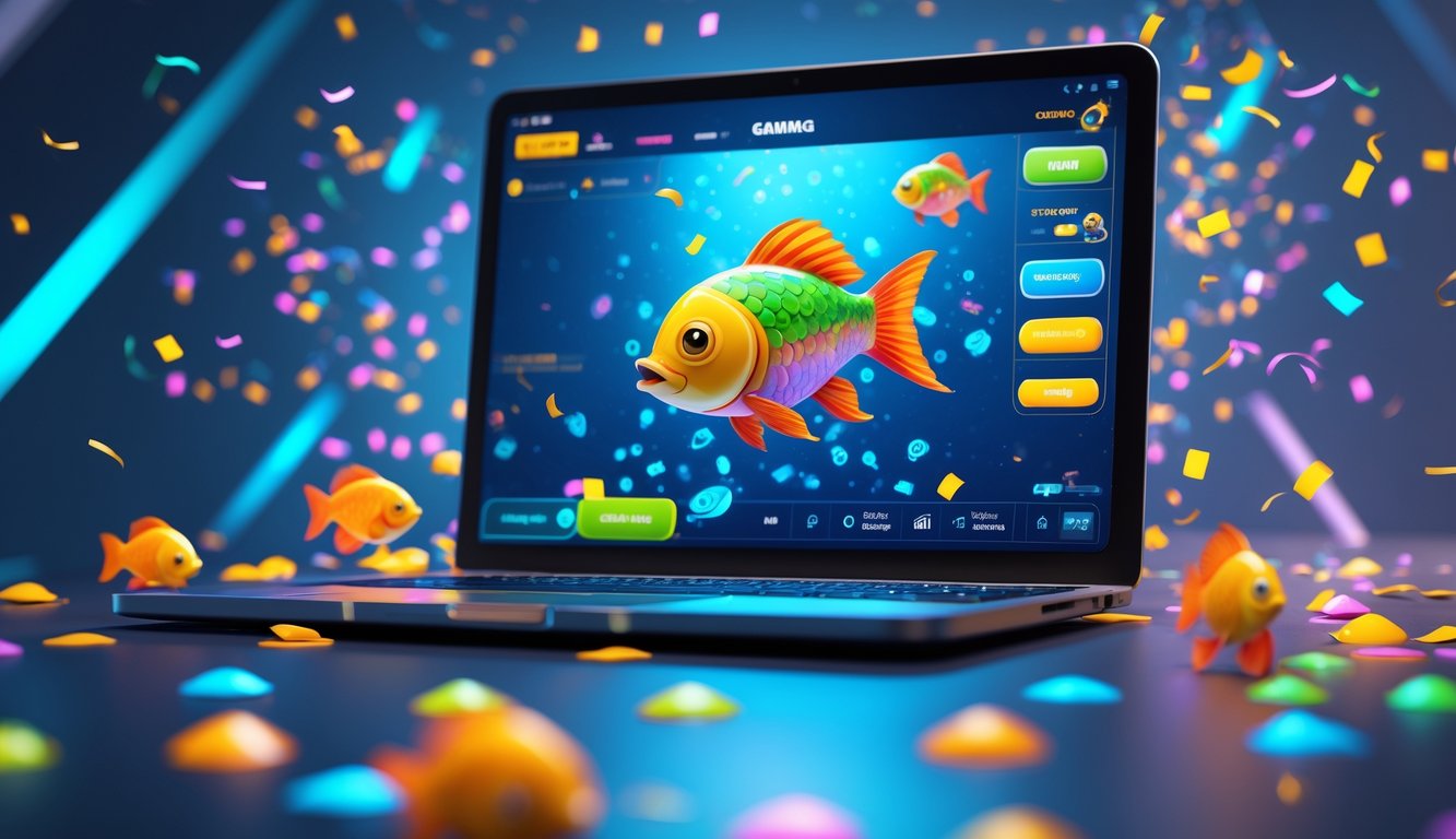 Sebuah layar perangkat menampilkan permainan menembak ikan dengan animasi ikan berwarna-warni dan suasana yang ceria.