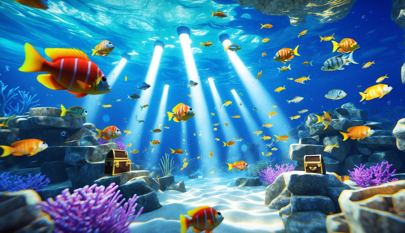 Pemandangan bawah laut dengan ikan tropis berwarna-warni berenang di sekitar terumbu karang, menampilkan suasana permainan menembak ikan yang menantang dan penuh semangat.