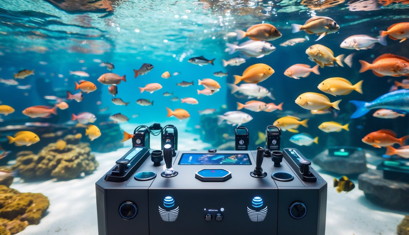 Pemandangan bawah laut dengan berbagai ikan berwarna-warni dan mesin permainan memancing modern dengan berbagai senjata di latar depan.