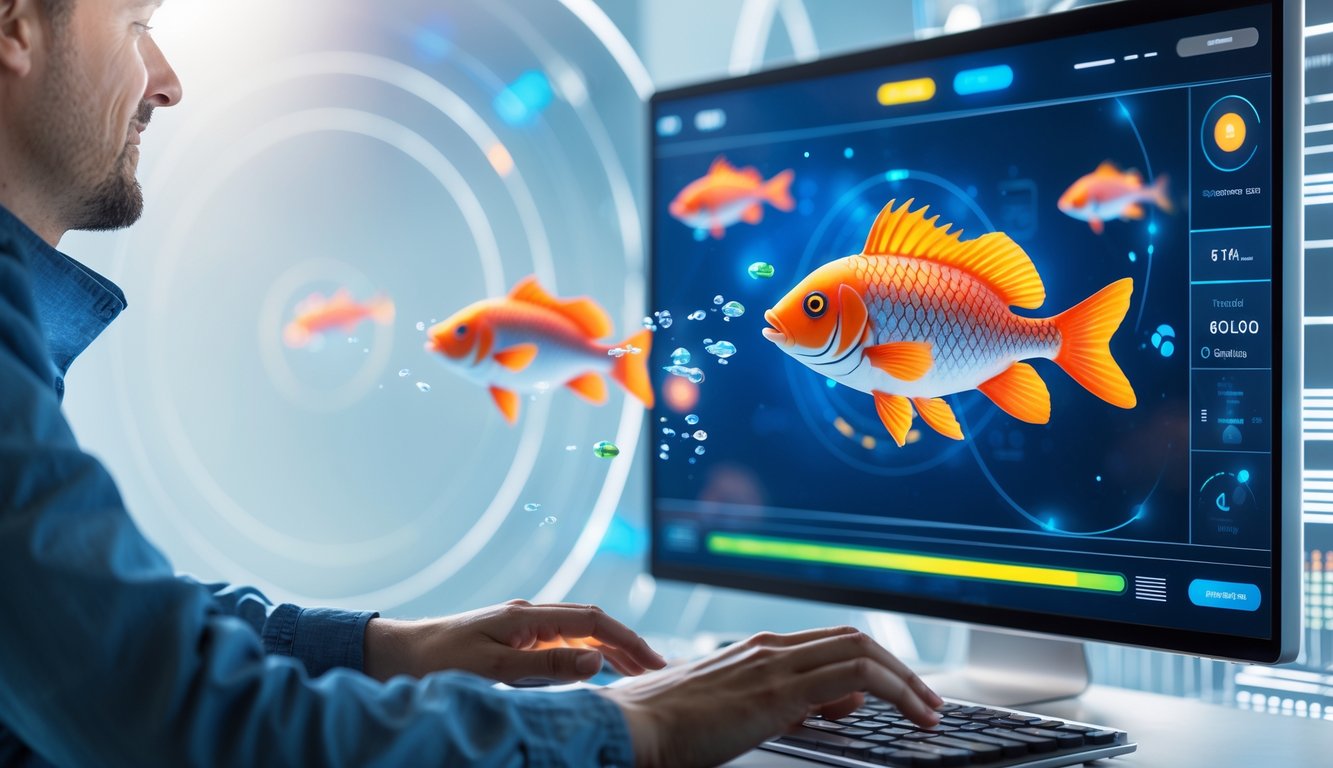 Seseorang bermain game tembak ikan di perangkat digital dengan latar belakang teknologi modern dan elemen digital berwarna-warni.