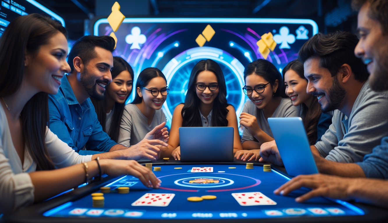 Beberapa orang bermain kartu secara online menggunakan laptop dan smartphone dengan suasana yang penuh semangat dan fokus.