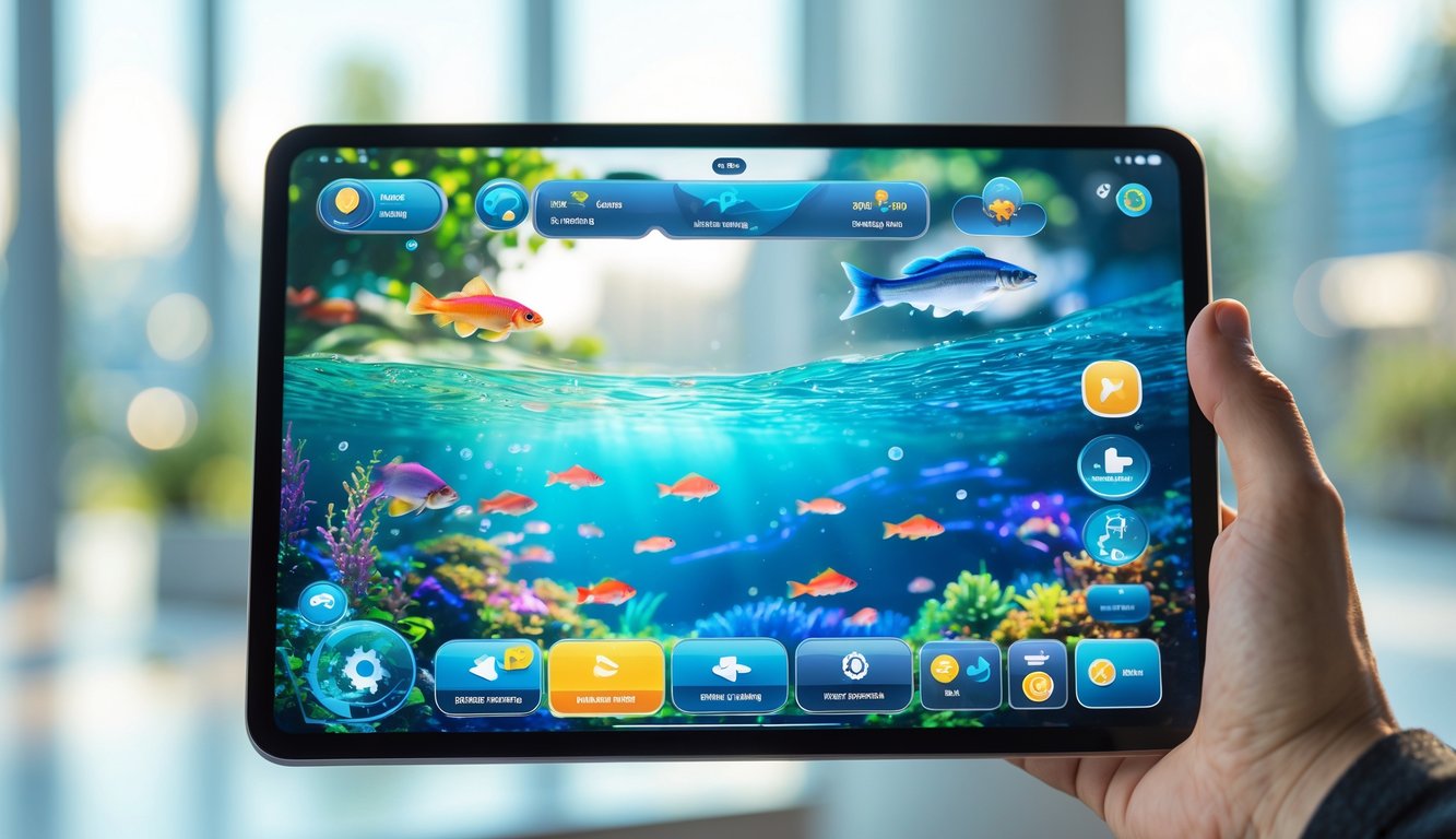 Seseorang memegang perangkat digital yang menampilkan permainan ikan dengan grafik bawah laut berwarna-warni dan fitur interaktif.