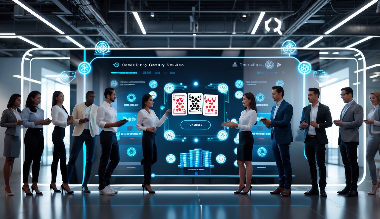 Orang-orang menggunakan antarmuka digital modern untuk bermain Capsa online dengan suasana kantor yang terang dan teknologi canggih.