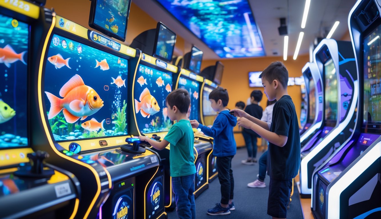 Orang-orang sedang bermain permainan tembak ikan di pusat permainan dengan mesin modern dan suasana yang aman.