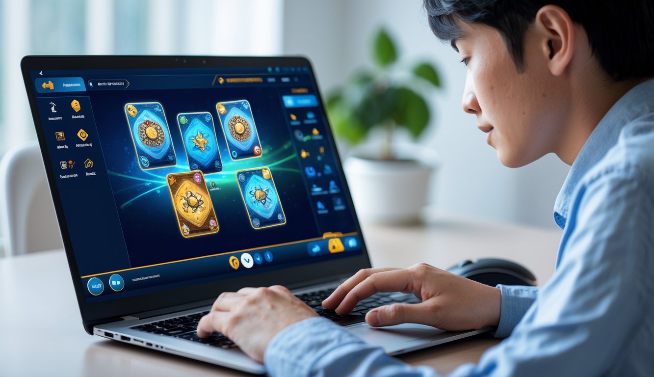 Seorang orang dewasa muda bermain permainan kartu online capsus di depan laptop di ruang kerja modern.