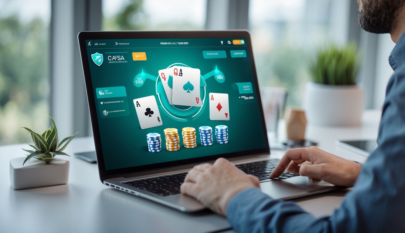 Seorang pemain sedang menggunakan komputer dengan tampilan permainan kartu digital Capsa di layar dalam suasana ruangan yang rapi dan terang.