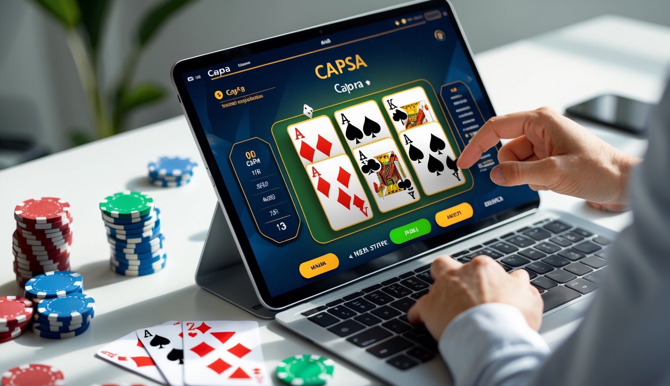 Seseorang bermain permainan kartu Capsa secara online menggunakan laptop di meja kerja dengan chip poker dan kartu di sekitar.