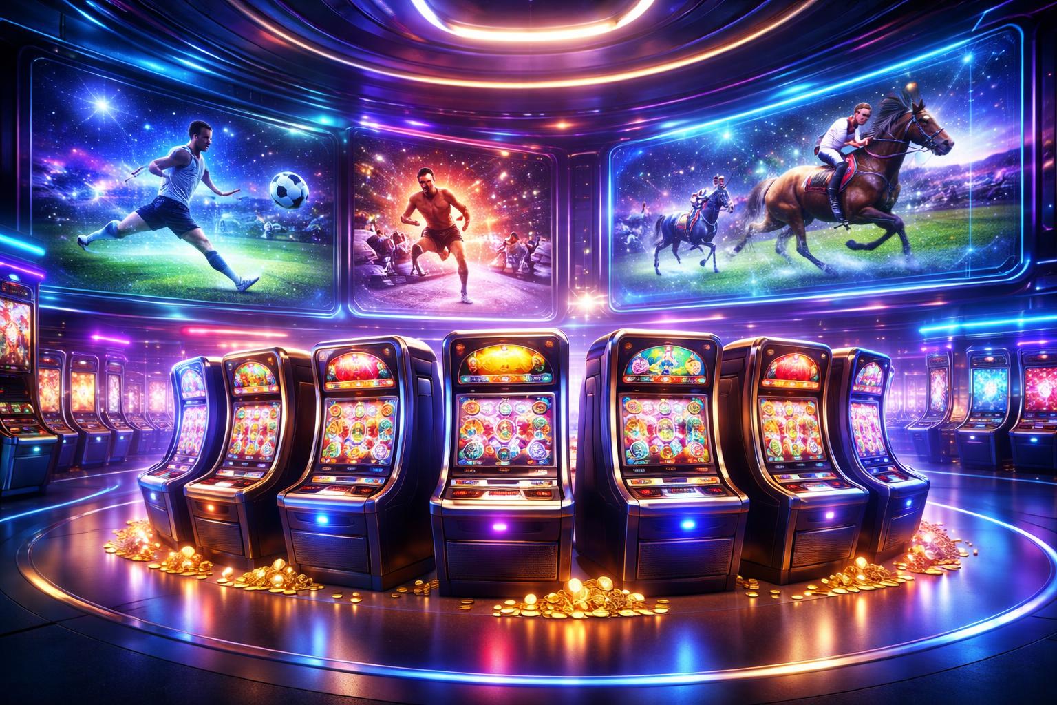 Suasana futuristik dengan mesin slot berwarna-warni dan layar digital menampilkan pertandingan olahraga langsung di sebuah kasino modern.