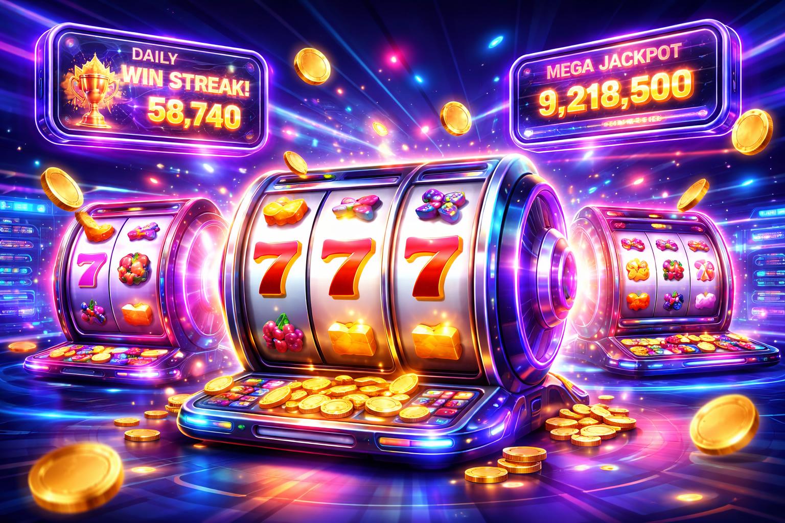 Tampilan 3D dari platform permainan slot dengan mesin slot berwarna-warni dan simbol berputar, dikelilingi oleh efek cahaya dan koin yang melayang.