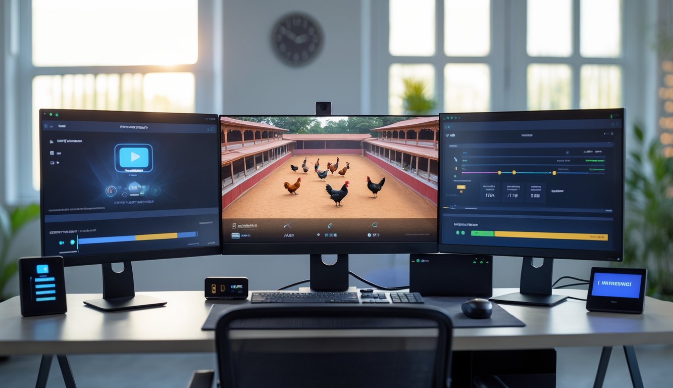 Sebuah ruang kerja modern dengan komputer yang menampilkan siaran langsung arena sabung ayam, menunjukkan koneksi internet cepat dan stabil.