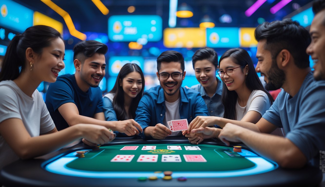 Beberapa orang bermain kartu secara online dengan suasana komunitas yang aktif dan penuh semangat.