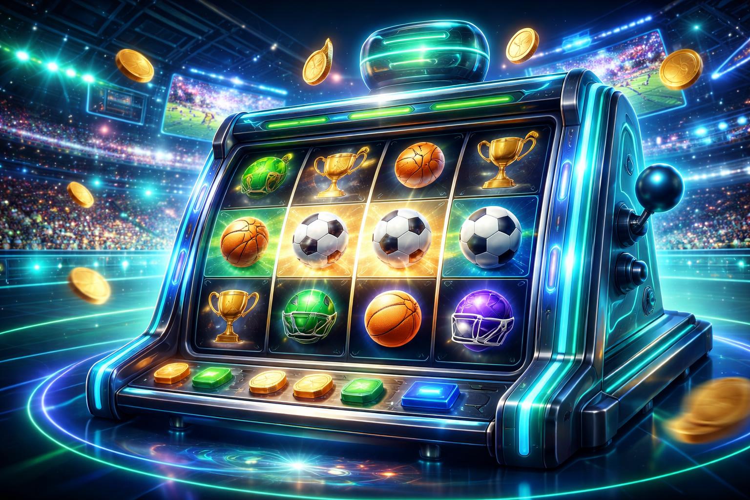 Tampilan mesin slot digital bertema olahraga dengan latar stadion olahraga futuristik dan elemen holografik yang menampilkan ikon olahraga dan jackpot.