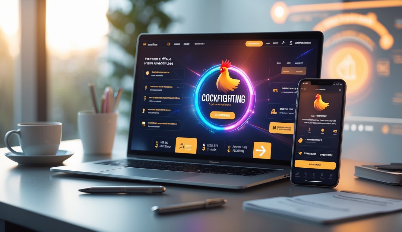 Seorang profesional menggunakan laptop dan ponsel untuk taruhan sabung ayam online dengan suasana kerja yang bersih dan modern.