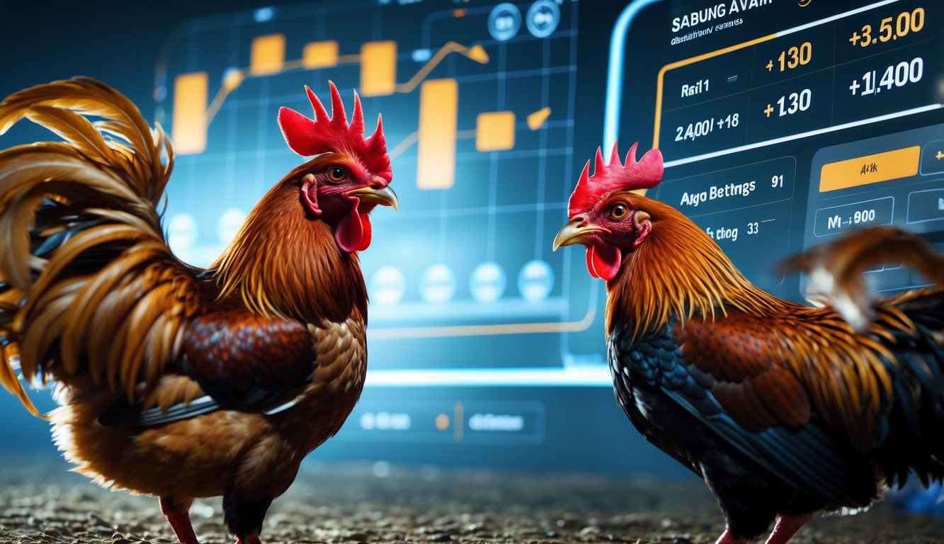 Dua ayam jago sedang bertarung dengan latar belakang antarmuka taruhan online yang menampilkan peluang dan sistem taruhan dinamis.