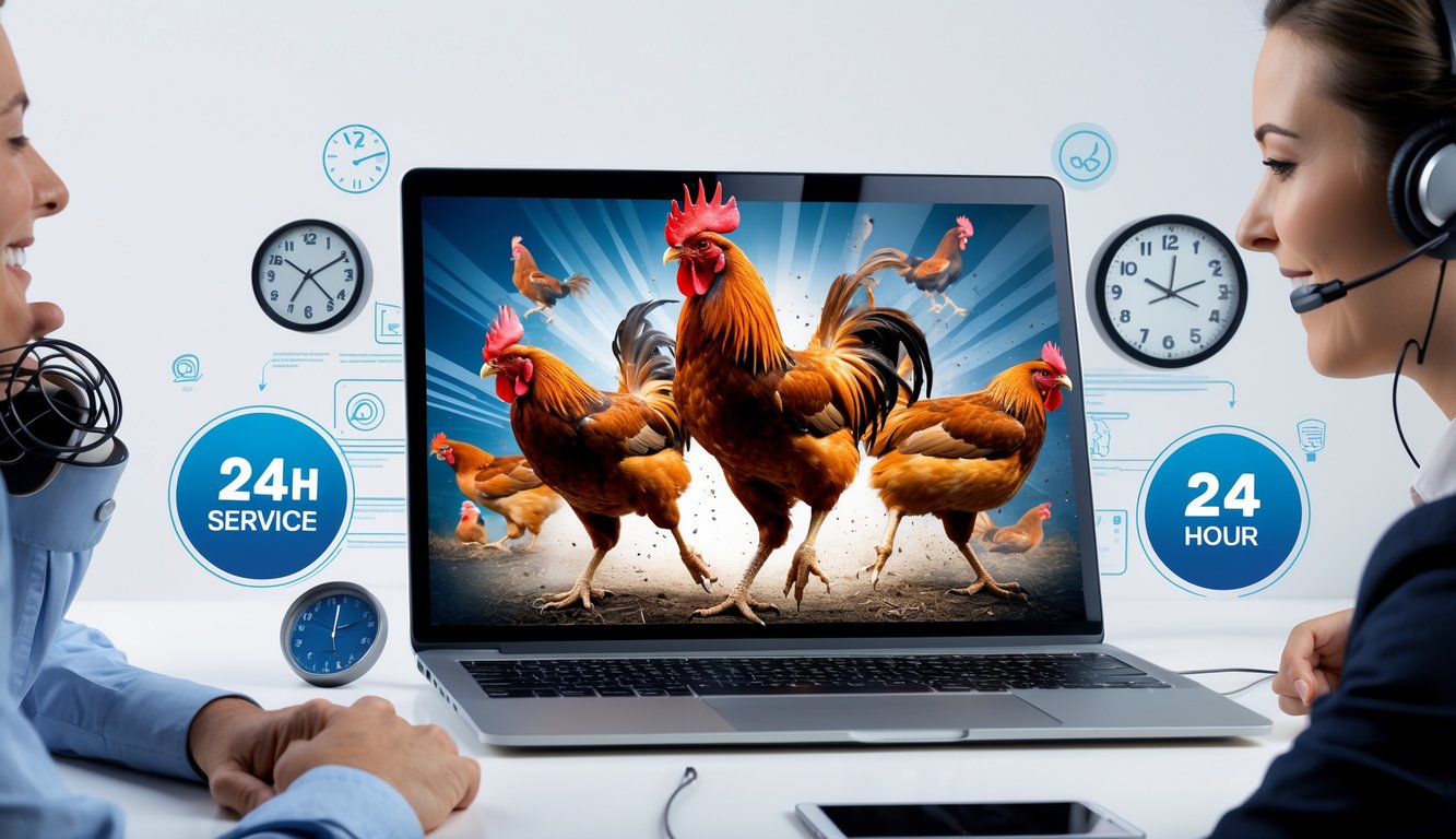 Seorang perwakilan layanan pelanggan dengan headset sedang bekerja di depan komputer yang menampilkan gambar ayam aduan, dengan jam dinding dan ikon layanan online di sekitarnya.