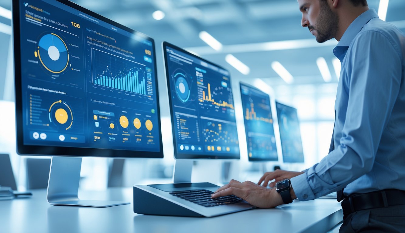 Seorang profesional menggunakan komputer dengan layar digital yang menampilkan data dan grafik prediksi secara real time di sebuah kantor modern.