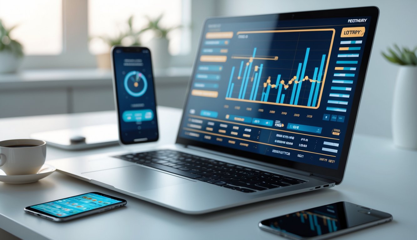 Sebuah ruang kerja modern dengan laptop dan ponsel yang menampilkan grafik dan antarmuka tiket lotre digital.
