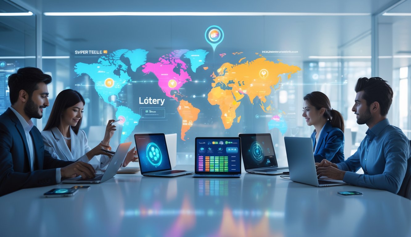 Beberapa orang menggunakan perangkat digital di ruang kantor modern dengan grafik lotre dan peta dunia di latar belakang.