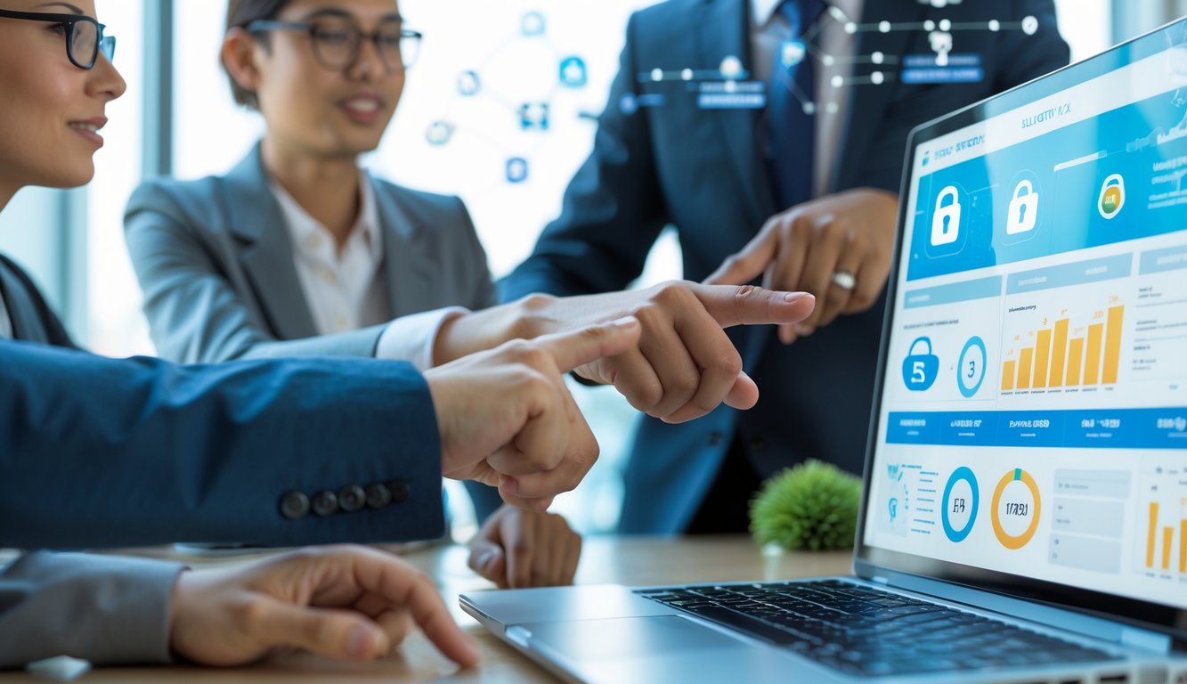 Orang-orang bekerja bersama di depan laptop yang menampilkan data transparan dan grafik terkait pendaftaran togel online resmi.