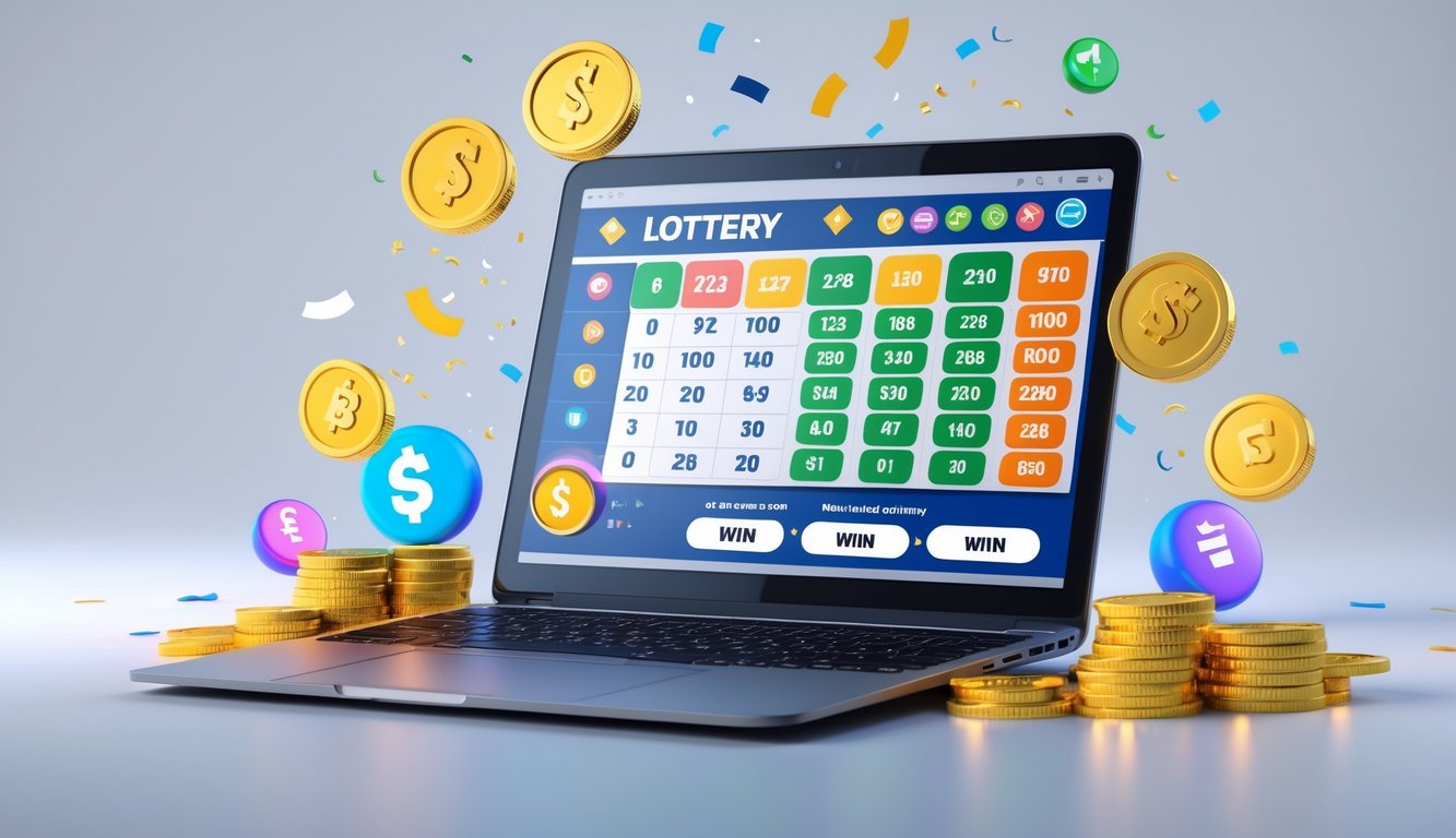 Seseorang menggunakan laptop dengan tampilan antarmuka togel online dan simbol kemenangan di sekitar perangkat.