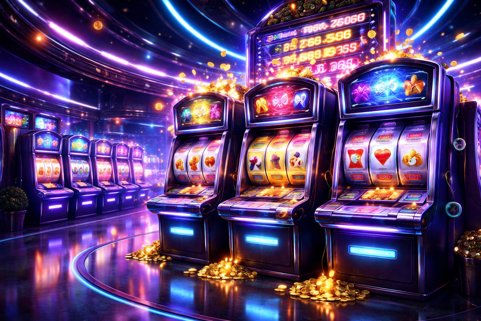 Pemandangan lantai kasino futuristik dengan mesin slot modern yang menyala dan menampilkan simbol jackpot berwarna-warni.